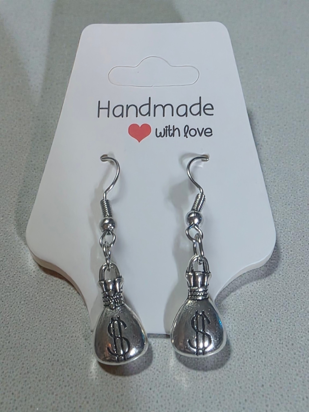 Handmade Silver Money Bag Dollar Sign Dangle Earrings